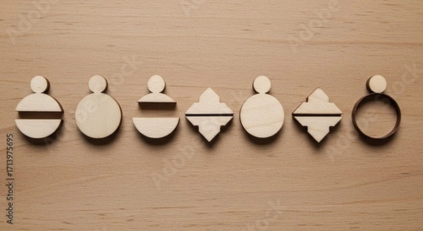 Obraz Row of seven laser-cut wooden geometric shapes for crafting earrings or pendants on a wood surface.