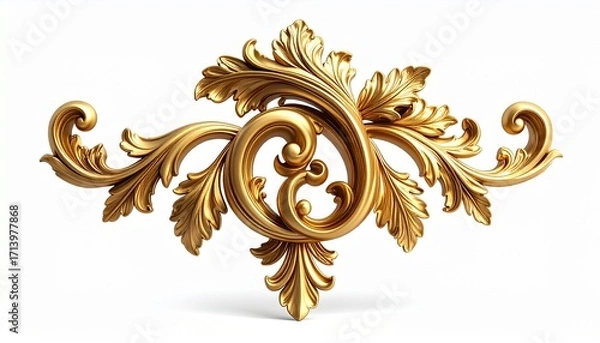 Fototapeta 3D render of elegant golden baroque floral and leaf ornaments, luxury vintage decorative flourishes with acanthus and swirl carving isolated on background