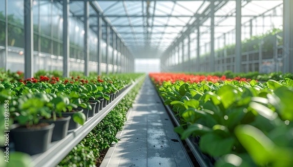 Fototapeta Perspective view down a long aisle in a modern commercial greenhouse with rows of lush green seedlings and red flowers growing