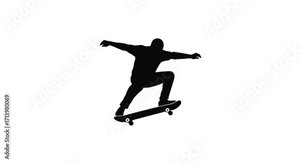 Fototapeta Silhouette of a skateboarder in action against a plain white background