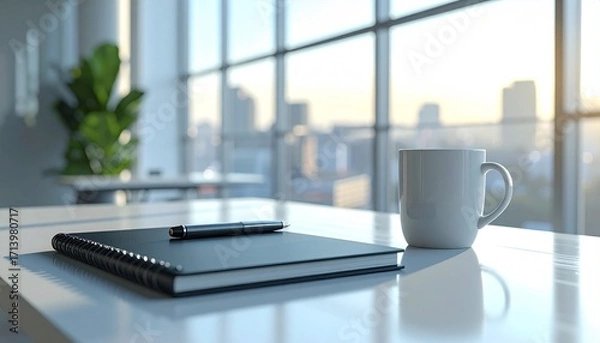 Fototapeta Tranquil morning scene in an open concept office animation with a notebook and coffee on a desk overlooking a sunlit city