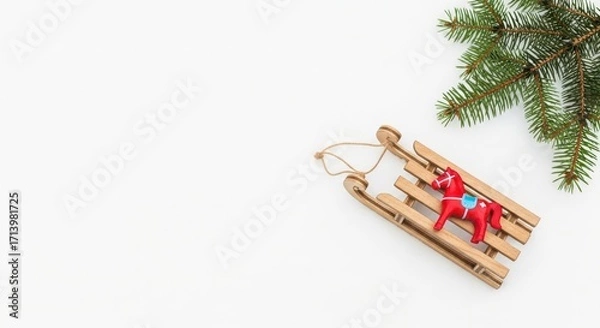 Fototapeta Red decorative reindeer on wooden sled with pine branches for New Year 2026  