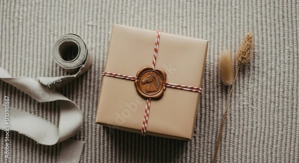 Fototapeta Gift box wrapped with ribbon and wax seal on textured surface for New Year 2026  