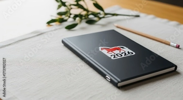 Fototapeta Black notebook with 2026 sticker on table with green plant Concept of New Year 2026  