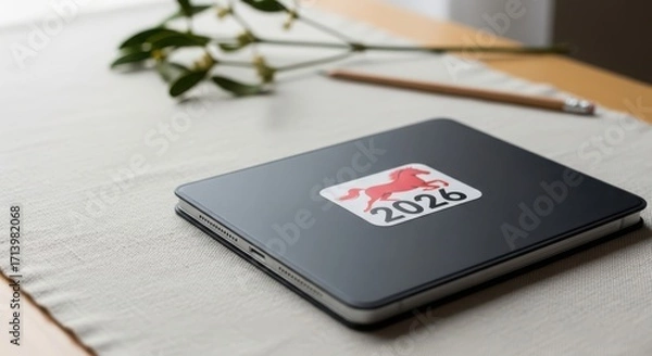 Fototapeta Laptop with 2026 sticker on desk surrounded by greenery and pencil - Concept of New Year 2026  