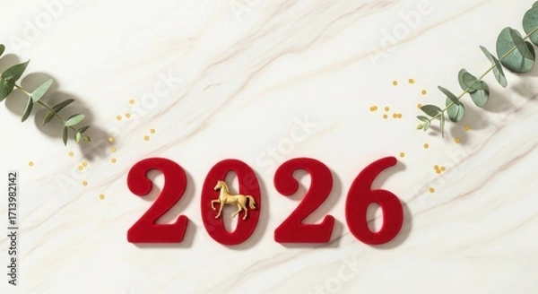 Fototapeta Red numbers 2026 with horse decoration and greenery for New Year 2026  