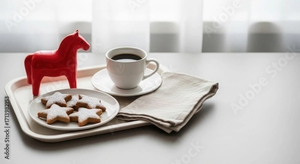 Fototapeta Red horse figurine with cookies and coffee on tray for New Year 2026  