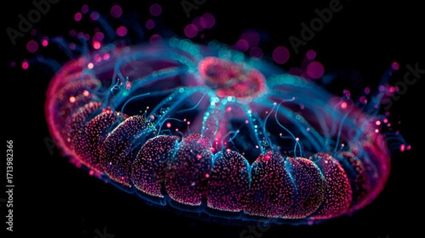 Fototapeta A captivating close up of a jellyfish with vibrant pinks and blues against a dark background
