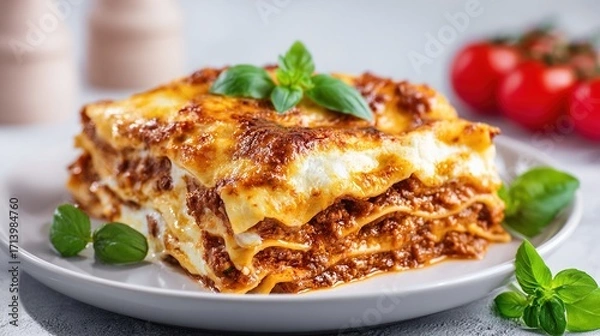Fototapeta Layered lasagna on a white plate with basil, tomatoes, and ceramic shakers