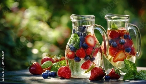 Fototapeta Refreshing summer beverage. Two clear glass pitchers filled with sliced strawberries, 