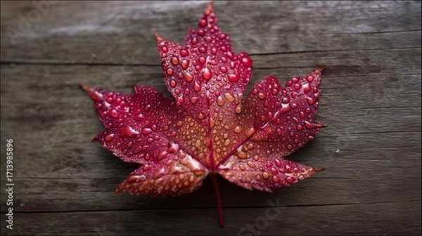 Fototapeta Red Maple Leaf with Water Droplets