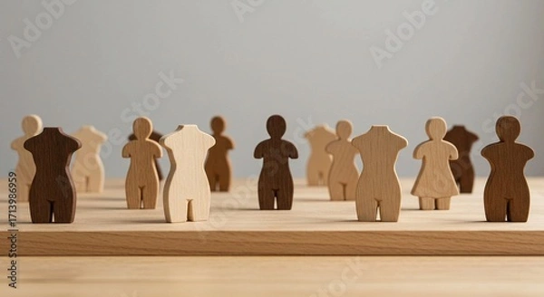 Obraz Wooden figures of diverse women stand on a wooden surface.