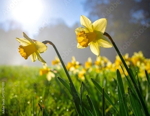 Fototapeta Daffodils in a meadow bathed in morning sun