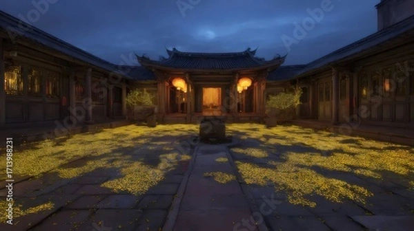 Obraz 伝統的な中国の中庭 夜に照らされた石畳道