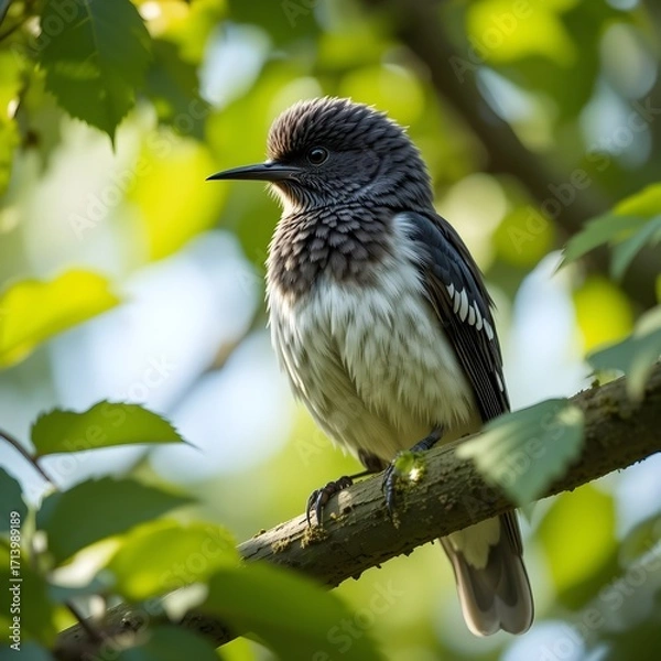 Fototapeta A cuckoo bird sitting on a tree branch, surrounded by green leaves, natural daylight, detailed feathers visible, realistic wildlife photography, ultra realistic, stock photo style