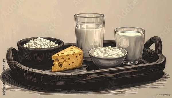 Fototapeta Dairy products arranged on a wooden tray