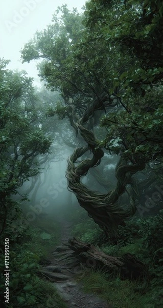 Fototapeta Twisted tree in a misty, verdant forest. A path winds through the trees