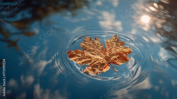 Fototapeta Floating Autumn Leaf on Water Surface