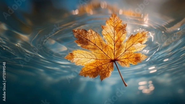 Fototapeta Autumn Leaf Floating on Water Surface