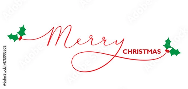 Fototapeta MERRY CHRSITMAS red vector brush calligraphy banner with holly motifs