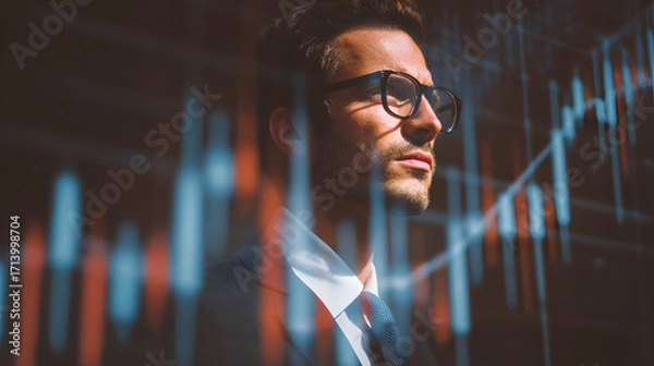 Fototapeta Focused financial professional analyzing an abstract stock market graph and data visualization