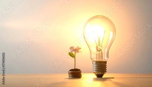 Obraz Lightbulb, plant, coins.  Bright idea