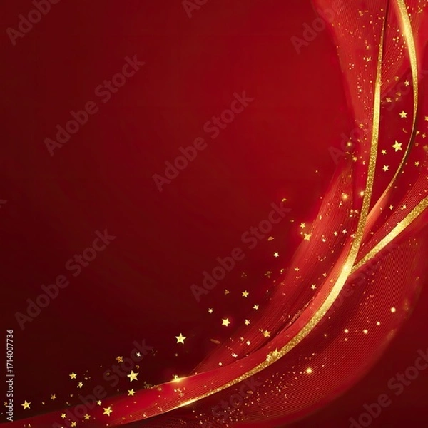 Fototapeta Red background with golden ribbons and stars