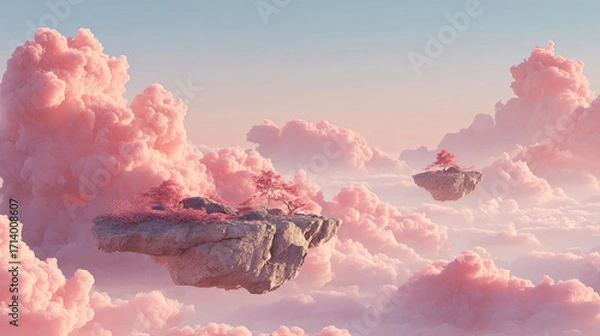 Fototapeta Dreamy landscape featuring floating islands amidst fluffy pink clouds, with delicate trees on rocky surfaces, creating a serene and magical atmosphere in a surreal environment