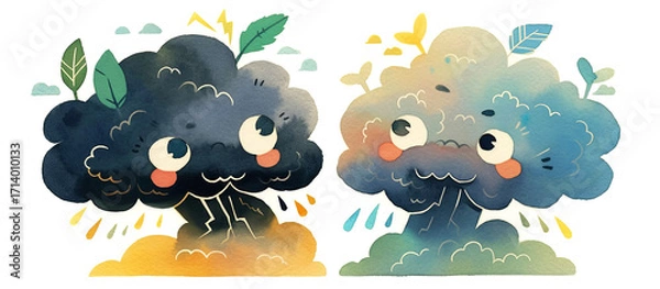 Fototapeta Colorful cartoon illustration of two playful clouds with expressive eyes, one dark with lightning and the other light with raindrops, showcasing whimsical weather elements and emotions
