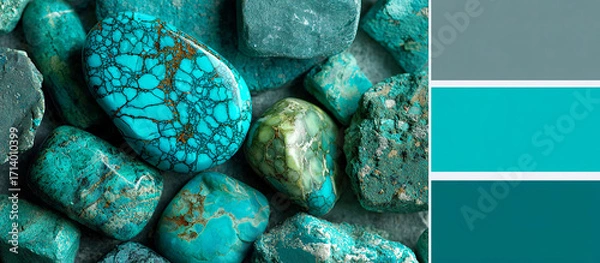 Fototapeta Vibrant turquoise gemstones with intricate patterns and textures are scattered on a surface, showcasing their natural beauty and unique characteristics in a visually appealing arrangement