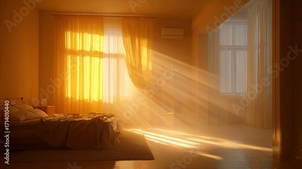 Fototapeta Cozy bedroom with warm sunlight streaming through sheer curtains, illuminating soft bedding and creating a serene atmosphere, perfect for relaxation and comfort