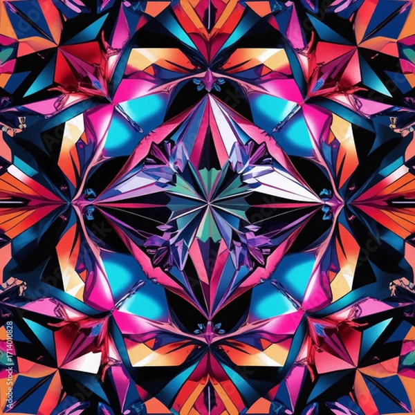 Fototapeta Kaleidoscope abstract pattern with floral elements. Suitable for backgrounds, prints, and designs needing vibrant and symmetrical visuals.