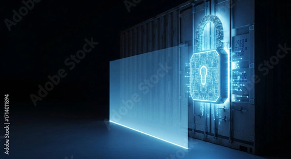 Fototapeta  A powerful, conceptual image of a strong, glowing, digital lock on a shipping container on the right. The left side is a dark, clean space with a subtle, protective shield of light coming from the lo