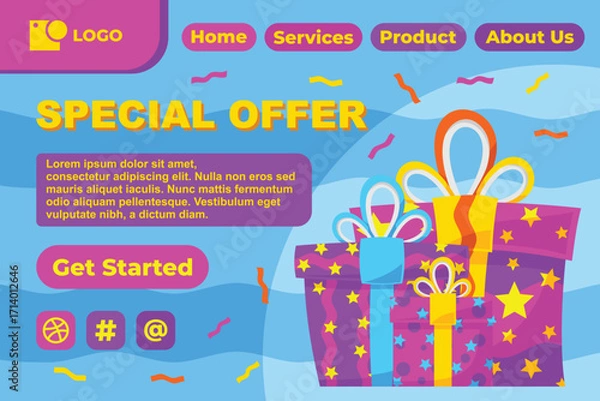 Obraz Gift Box in Various Bright Color for Special Offer Web Landing Page Banner Flat Cartoon Background