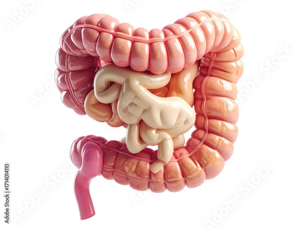 Fototapeta Highly detailed medical illustration of human intestines showing digestive tract structure isolated on pure white background