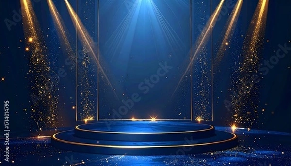 Fototapeta Dark blue stage with golden spotlights