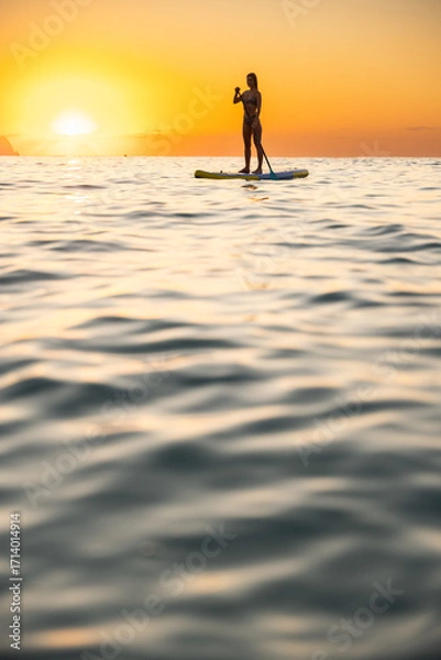 Fototapeta Young Caucasian woman paddleboarding at sunset in ocean