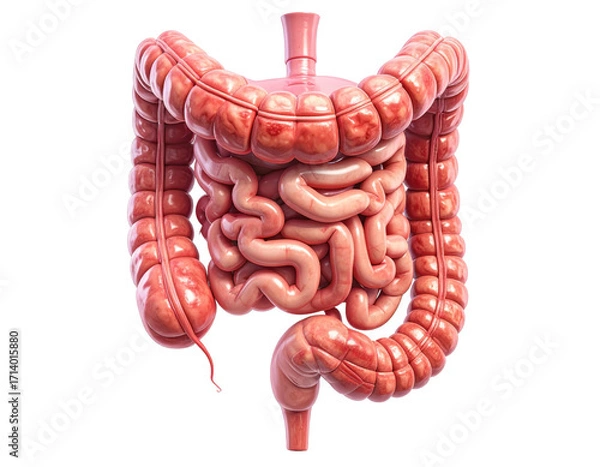 Fototapeta Highly detailed medical illustration of human intestines showing digestive tract structure isolated on pure white background