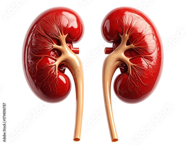 Fototapeta Highly detailed medical illustration of human kidneys showing structure and vessels, isolated on pure white background