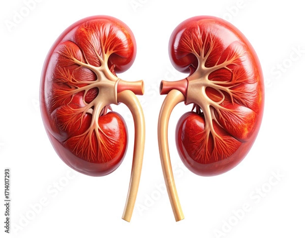 Fototapeta Highly detailed medical illustration of human kidneys showing structure and vessels, isolated on pure white background