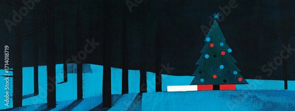 Fototapeta Enchanting winter night scene with a beautifully adorned Christmas tree glowing in the serene snowy forest
