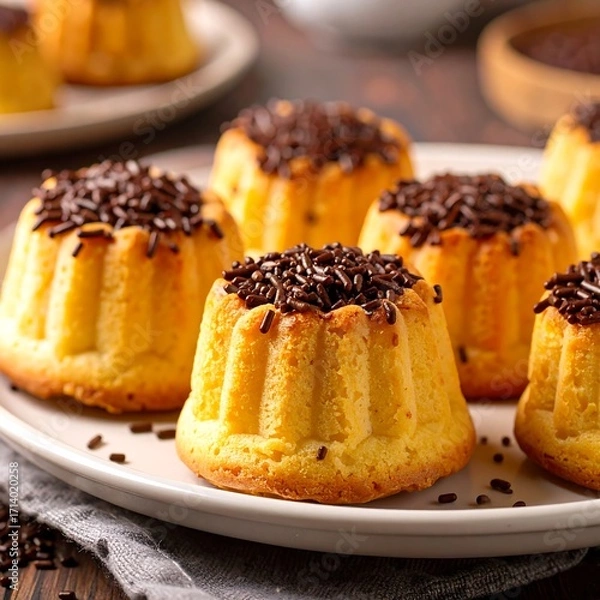 Fototapeta Close-up of small, golden cakes topped with chocolate sprinkles