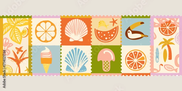 Fototapeta Whimsical summer vacation stamp collection featuring tropical fruits seashells and ice cream