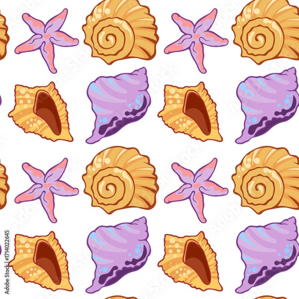 Fototapeta Seamless pattern with seashells and starfish, marine summer background. Colorful seamless pattern with seashells and starfish.