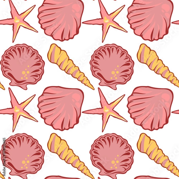 Fototapeta Seamless pattern with seashells and starfish, marine summer background. Colorful seamless pattern with seashells and starfish in pink colors.