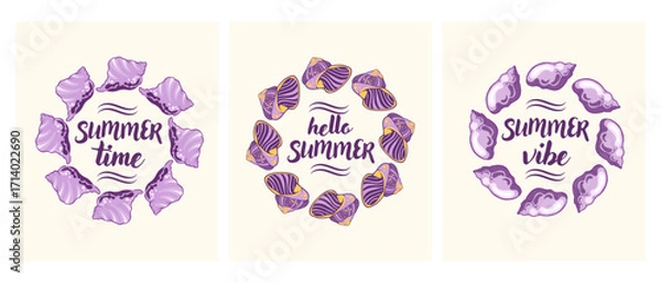 Fototapeta Set of summer wreaths with seashells and hand drawn typography quotes  Summer Time, Hello Summer, Summer Vibe. Decorative marine design perfect for holiday greeting cards, invitations, posters, beach 