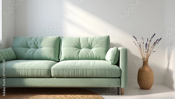 Obraz Comfortable mint green sofa bathed in warm sunlight