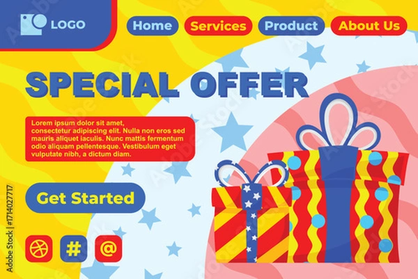 Obraz Gift Box in Various Bright Color for Special Offer Web Landing Page Banner Flat Cartoon Background