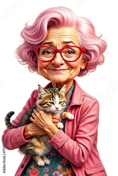 Fototapeta Ai una donna con i capelli rosa tiene in braccio un gatto 02