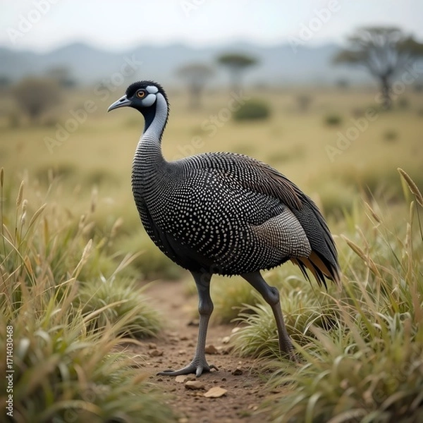 Fototapeta A guineafowl bird walking on the ground in African grasslands, spotted feathers and unique head shape clearly visible, natural wildlife scene, ultra realistic, stock photo style